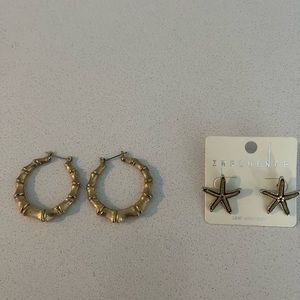Star fish stud earrings, gold hoop earrings, beaded necklace